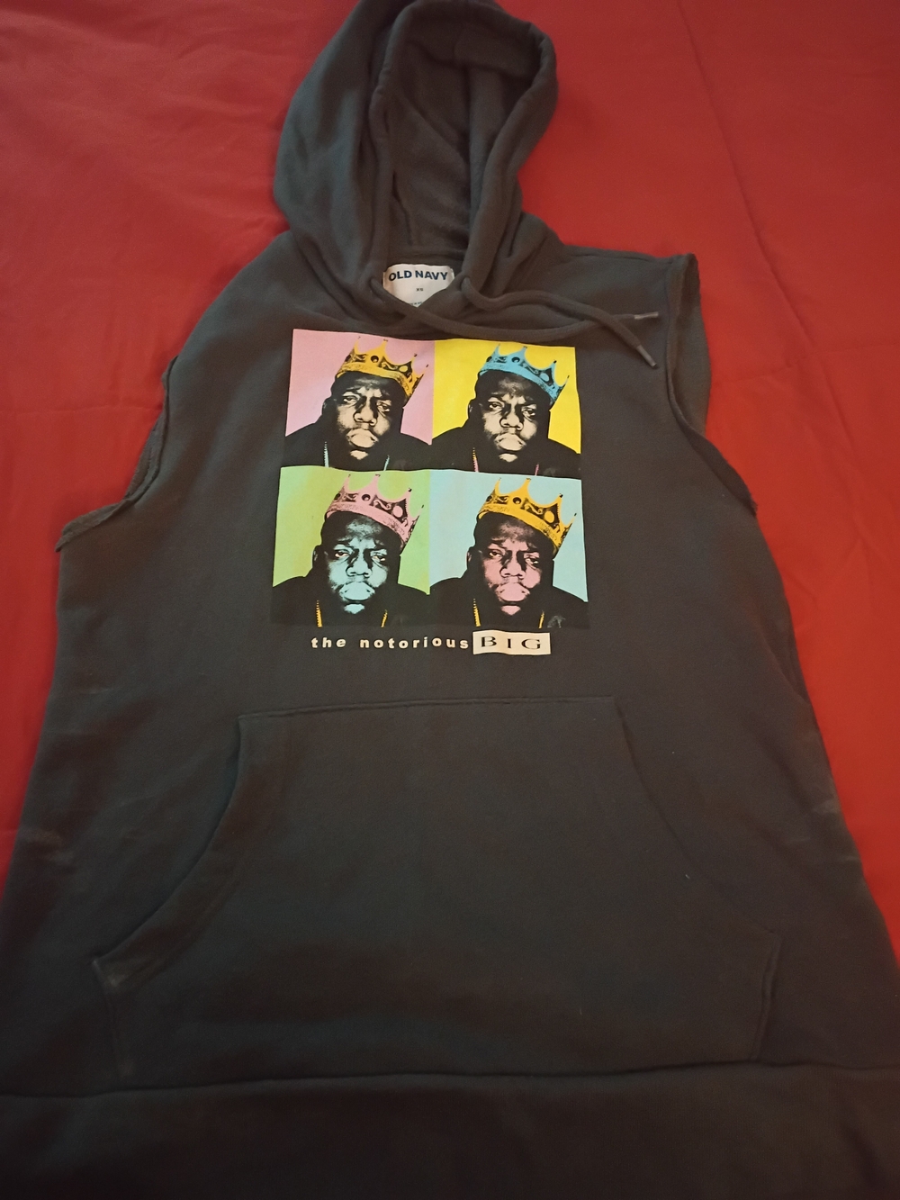 Old Navy Men's Sleeveless Hoodie in Dark Charcoal with Pop Art Graphic